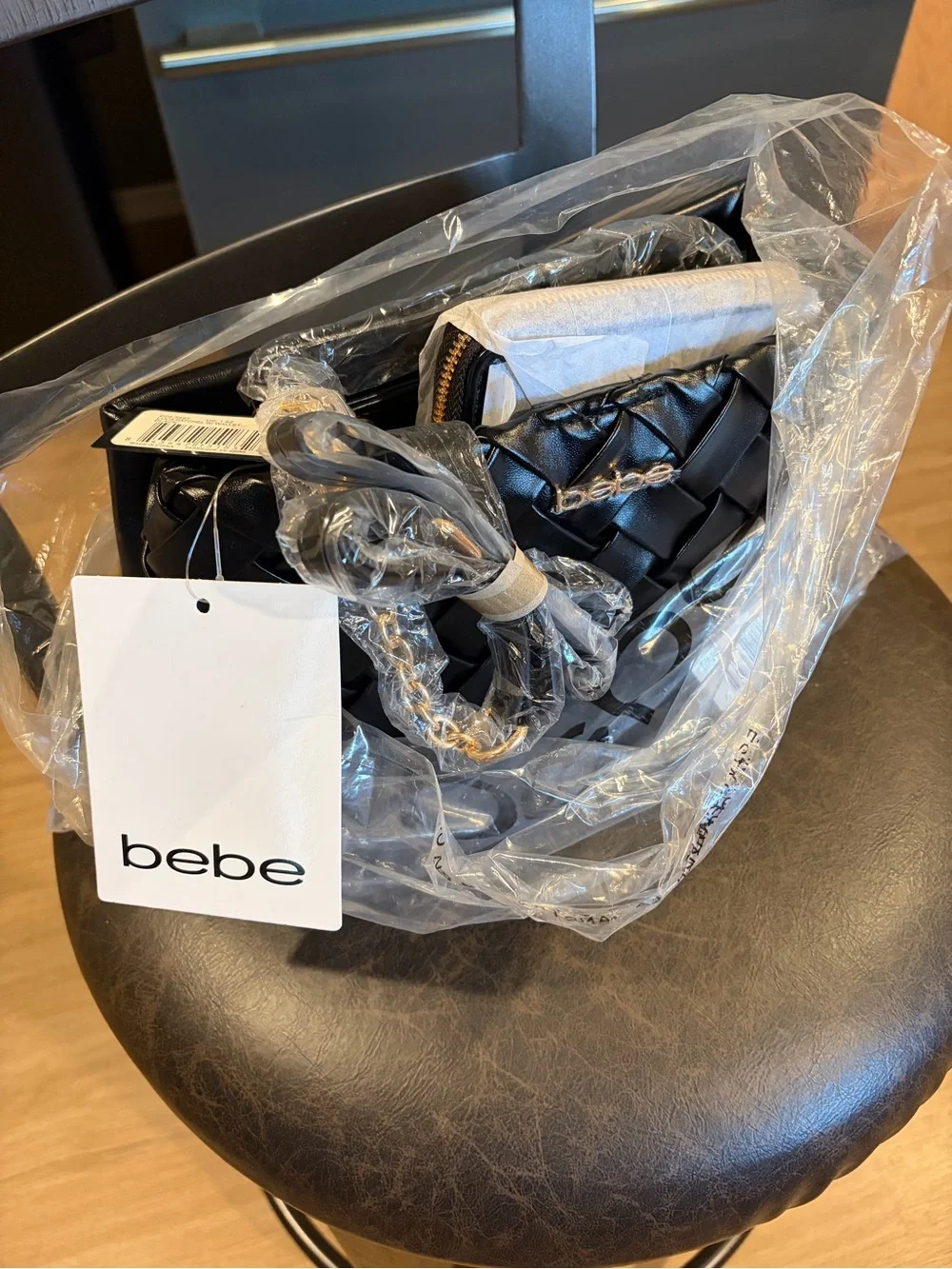 bebe Black Woven Satchel with Gold-Tone Chain and Matching Wallet